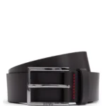 Leather belt with engraved-logo buckle