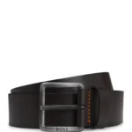 Leather belt with logo buckle