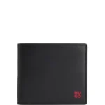 Leather wallet with red stacked logo and coin pocket