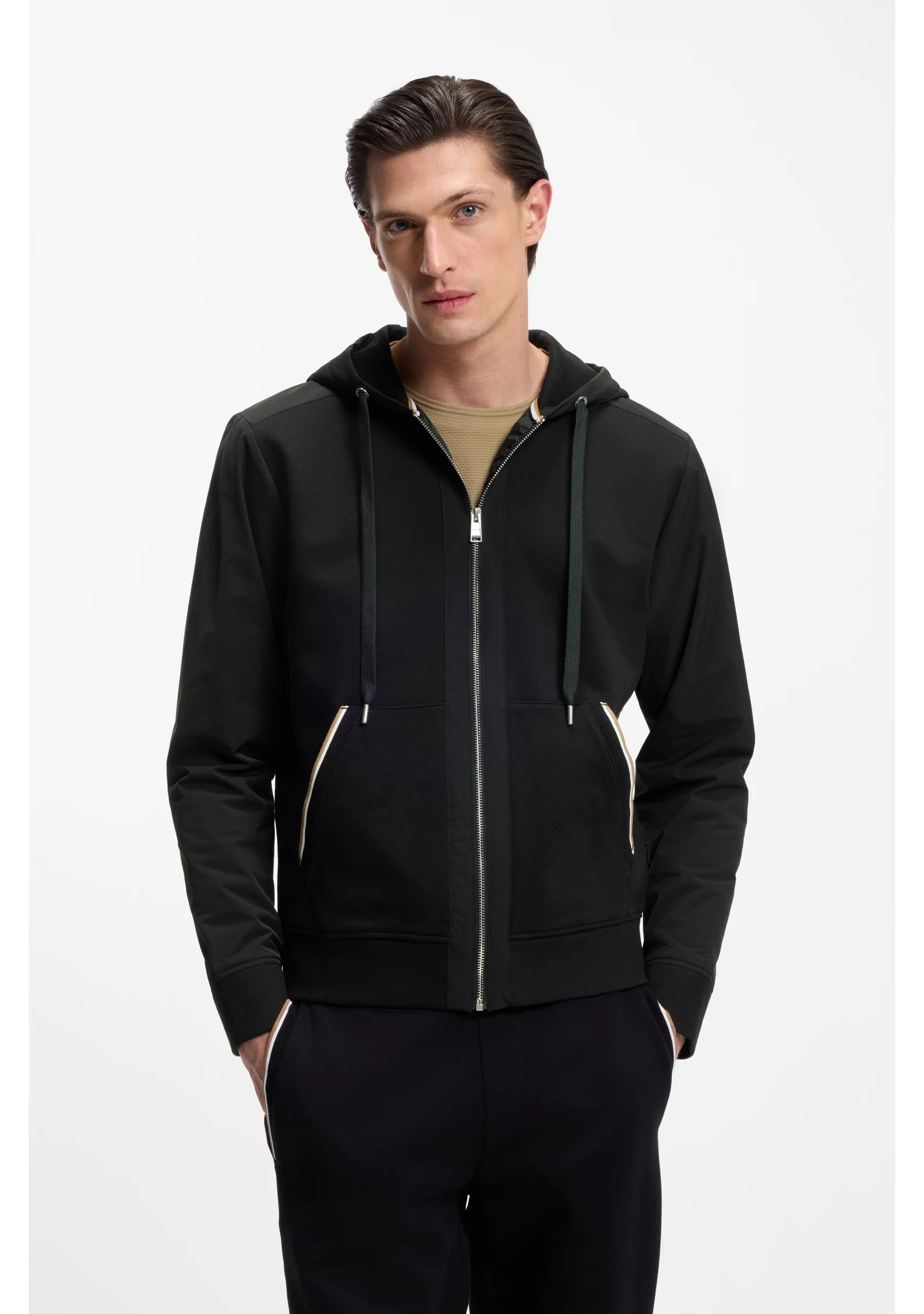 hbeu50555115_001_350 Cotton-terry zip-up hoodie with signature-stripe trims - Image 1
