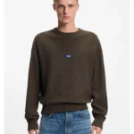 Knitted-cotton sweater with blue logo badge