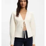 Tie-front rib-knit cardigan with balloon sleeves