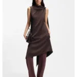 Asymmetric sleeveless dress in draped sable satin