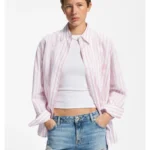 Striped-cotton oversized-fit blouse with Happy HUGO logo