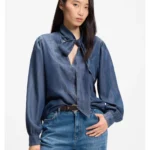 Denim-look blouse with scarf detail