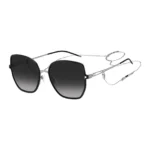 Black-frame sunglasses with forked temples and branded chain