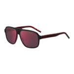 Black-acetate sunglasses with red shaded lenses