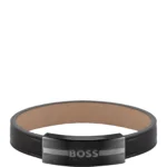 Leather cuff with metal enamel-filled-logo plate