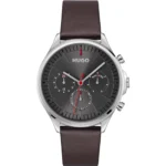 Silver-tone watch with brown leather strap