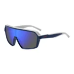 Mask-style sunglasses with blue shaded lenses