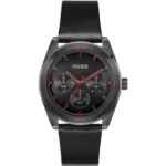 #BRIGHT SPORT Black-plated watch with tonal leather strap