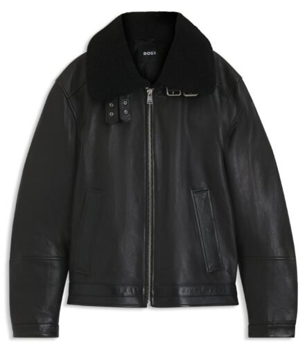 Leather jacket with shearling collar, Black