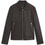 Regular-fit leather jacket with zip closure, Dark Brown