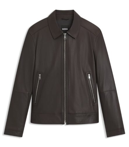 Regular-fit leather jacket with zip closure, Dark Brown