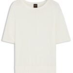 Short-sleeved knit sweater with openwork stitching, Natural