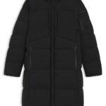 Long-length down jacket in water-repellent stretch fabric, Black