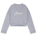 Cropped sweater in cotton with embroidered script logo, Light Grey