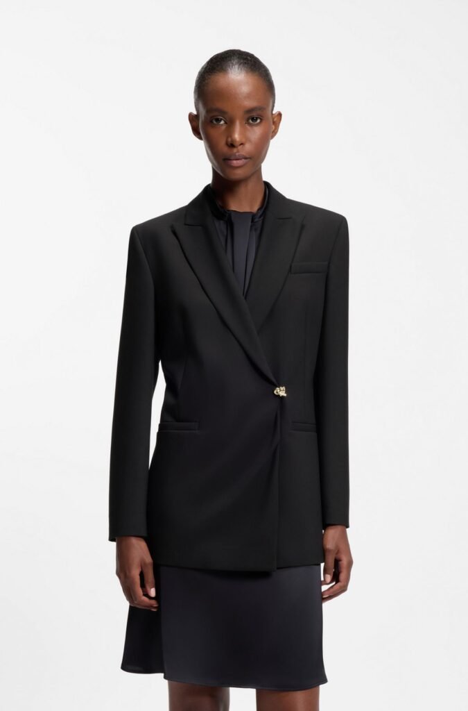 Regular-fit waisted blazer with wrap front, Black