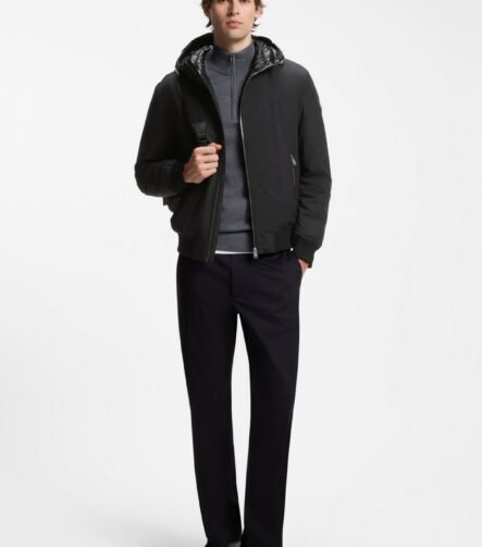 Water-repellent hooded bomber jacket with down filling, Black