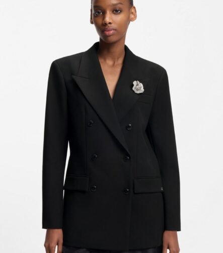 Oversized-fit blazer with rhinestone lapel brooch, Black