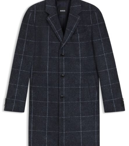 Slim-fit coat with plain check, Blue Patterned