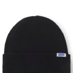Rib-knit beanie hat with logo label, Black