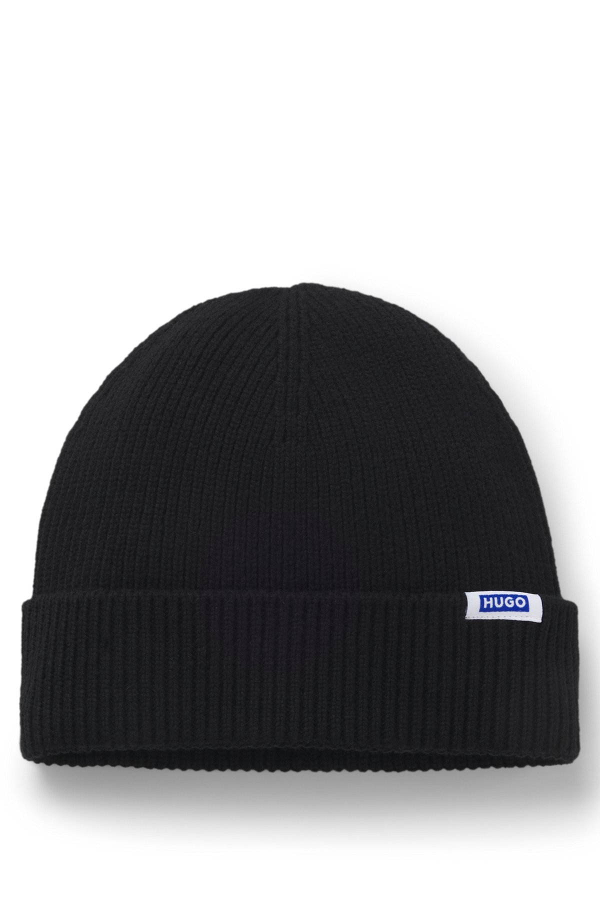 hbeu50551371_001-1 Rib-knit beanie hat with logo label, Black