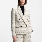 Regular-fit blazer in striped cotton-blend tweed, Beige Patterned