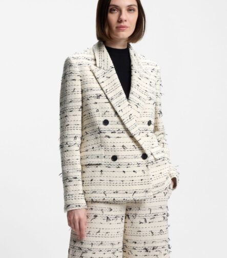 Regular-fit blazer in striped cotton-blend tweed, Beige Patterned
