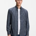 Regular-fit shirt in checked stretch-cotton dobby, Blue Patterned