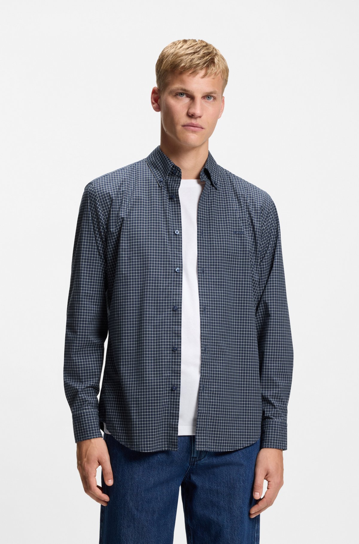 hbeu50556464_405-1 Regular-fit shirt in checked stretch-cotton dobby, Blue Patterned