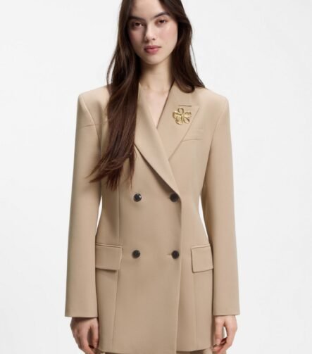 Double-breasted regular-fit blazer with hourglass shape, Beige