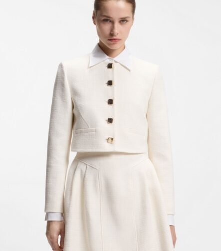 Regular-fit blazer in cotton-blend bouclé, Natural