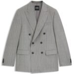 Double-breasted suit jacket in striped virgin wool, Grey Patterned