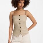 Waistcoat-style slim-fit top with sparkling pinstripe, Beige