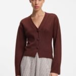 Wool-blend cardigan with logo rivet, Brown