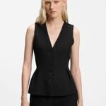 Sharp-fit waistcoat with peplum hem, Black