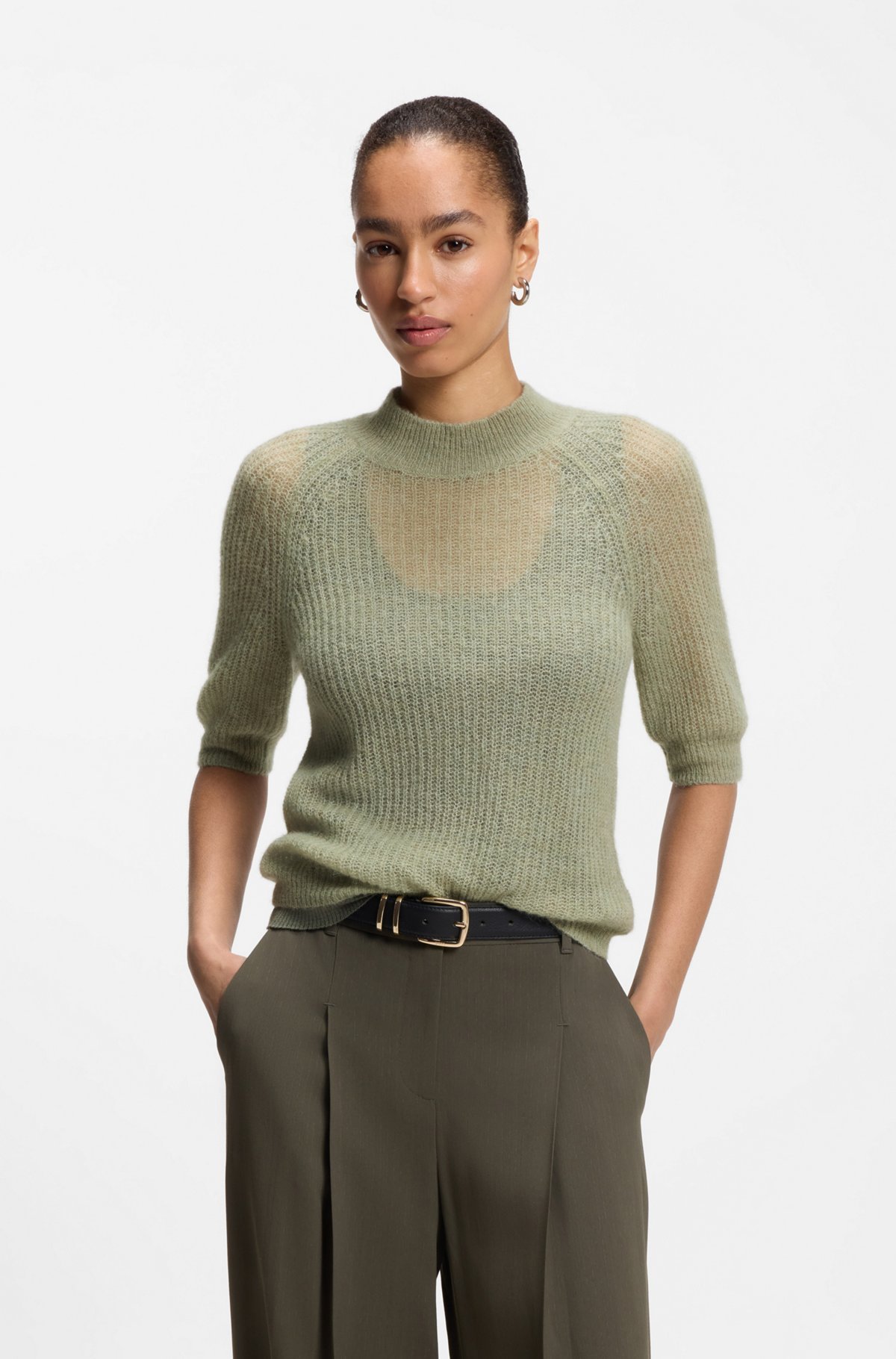 hbeu50564437_340-1 Knitted sweater in a ribbed alpaca blend, Light Green