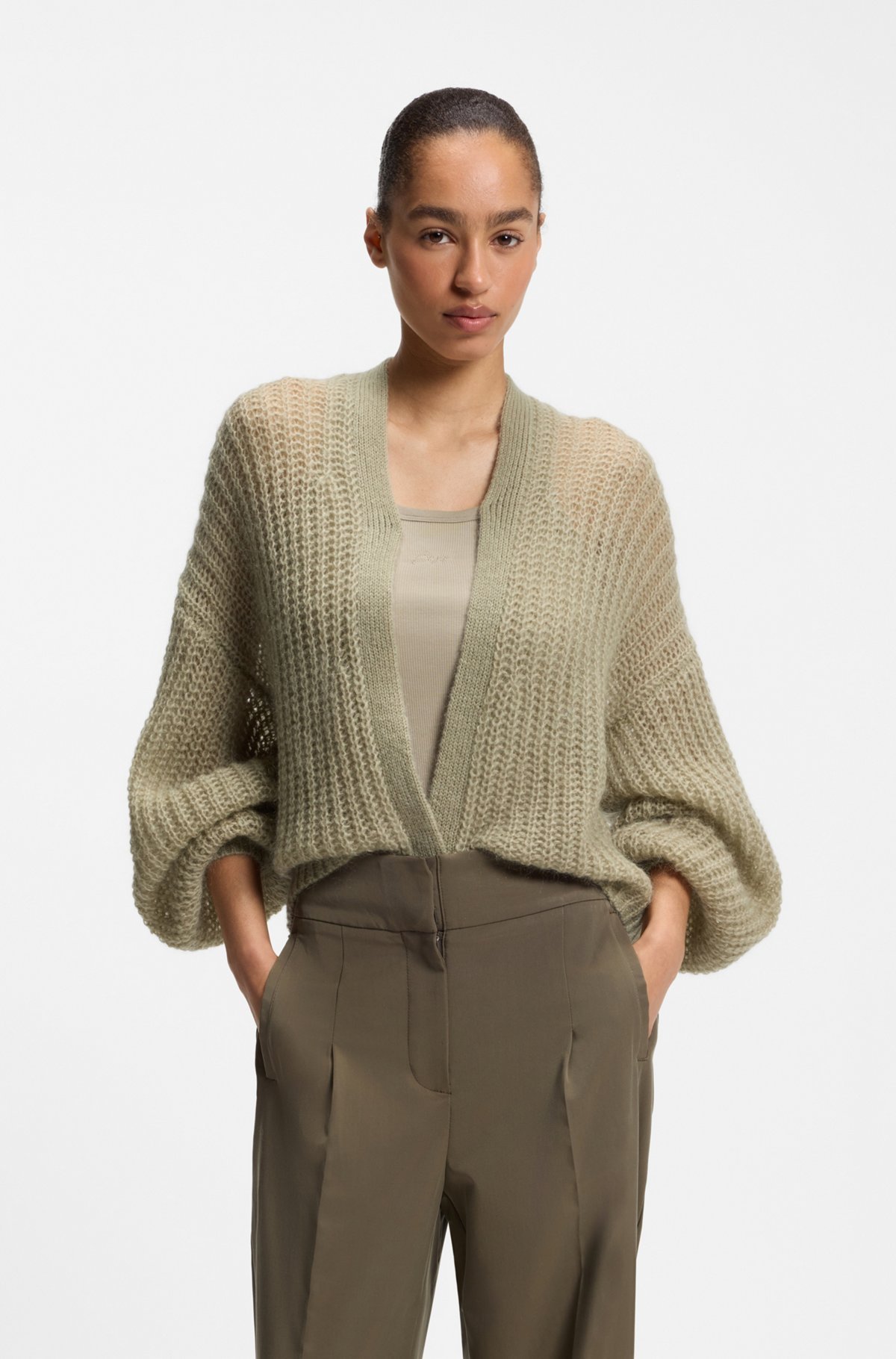 hbeu50566867_366-1 Relaxed-fit cardigan with open-knit structure, Green