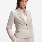 Slim-fit blazer in melange flannel, Light Beige