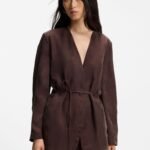 Regular-fit collarless jacket with drawstring waist, Dark Brown