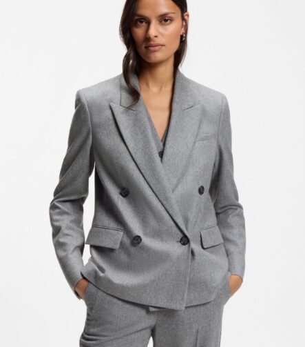 Double-breasted regular-fit blazer in melange flannel, Grey