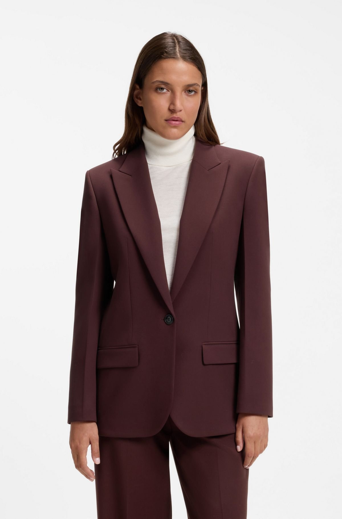 hbeu50570500_914 Modern-fit blazer with peak lapels, Dark Brown