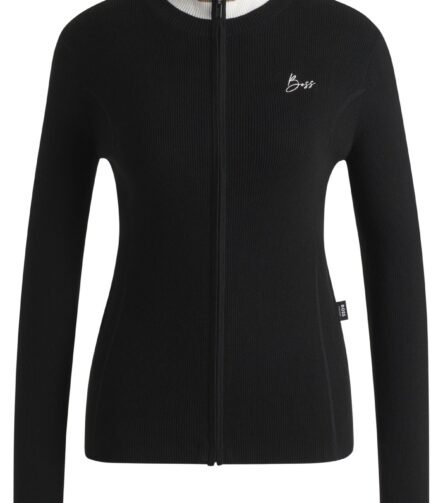 Equestrian slim-fit cardigan with ribbed structure, Black